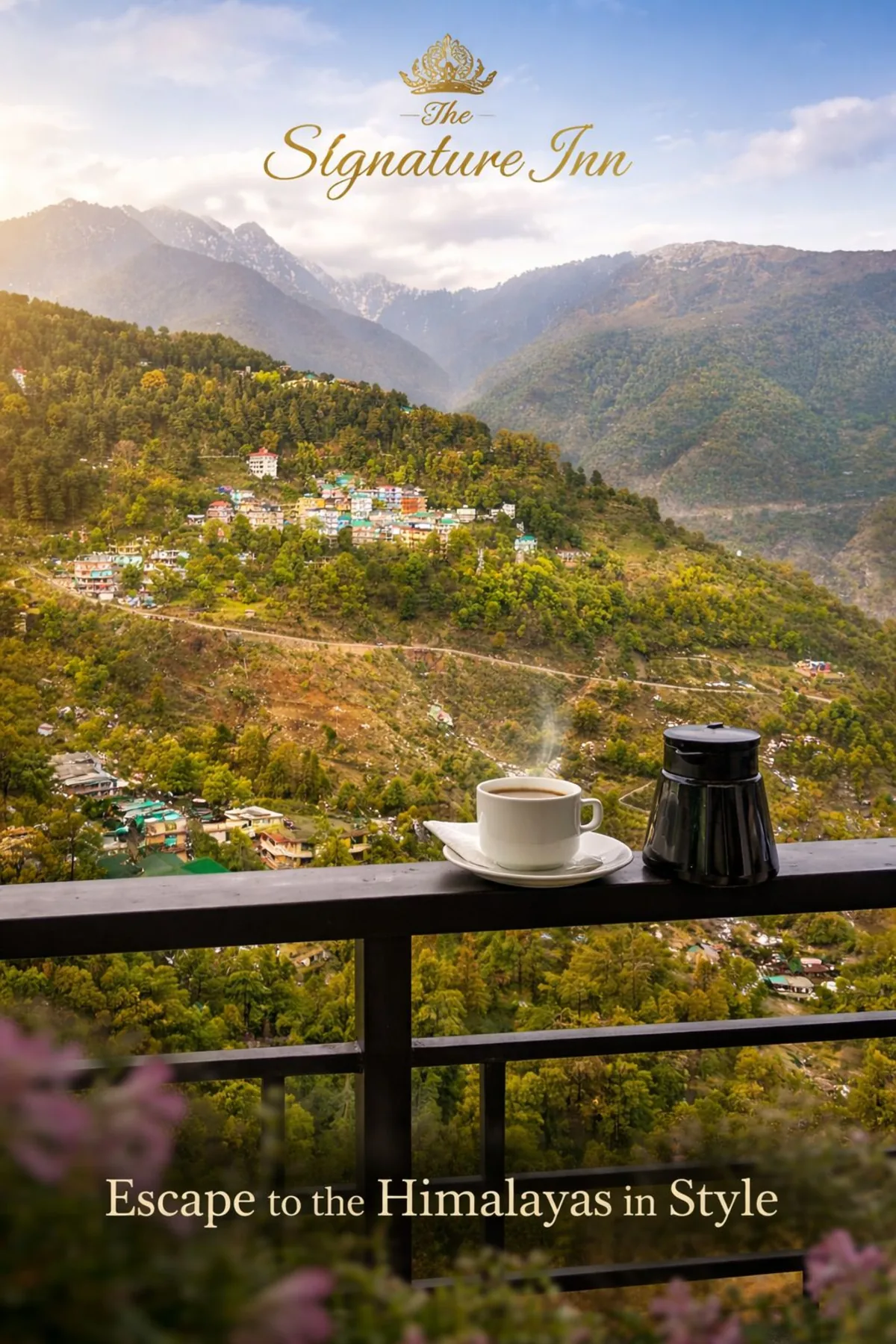 Coffee on a private balcony with sweeping Himalaya mountain views at The Signature Inn